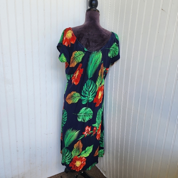 Vtg GG Hawaiian Shift Dress Floral Monstera Palm Print Tie Blue Green Red Sz L - Picture 5 of 10